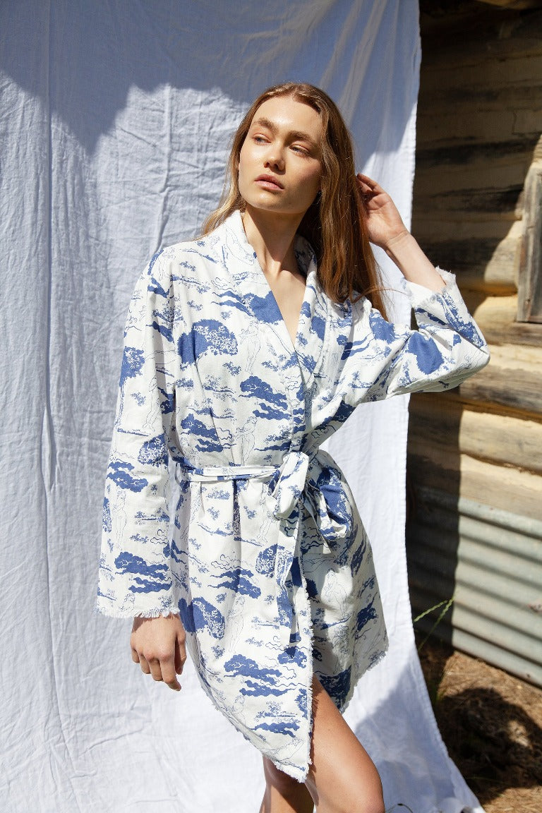 Blue Print Linen Cotton Robe