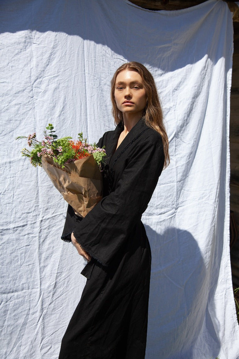 Black Linen Cotton Robe