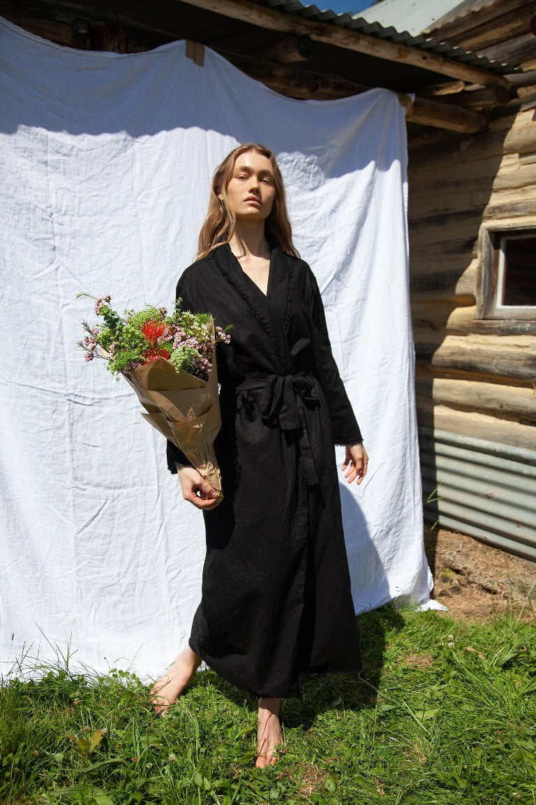 Black Linen Cotton Robe