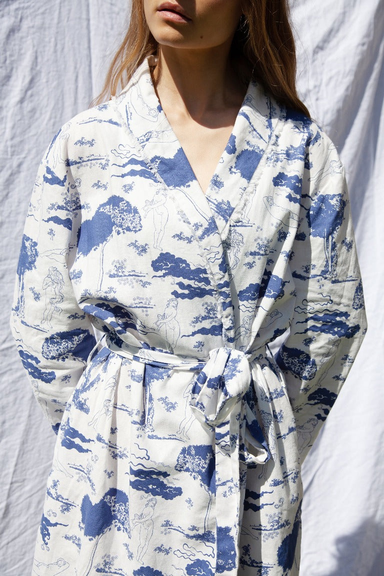 Blue Print Linen Cotton Robe